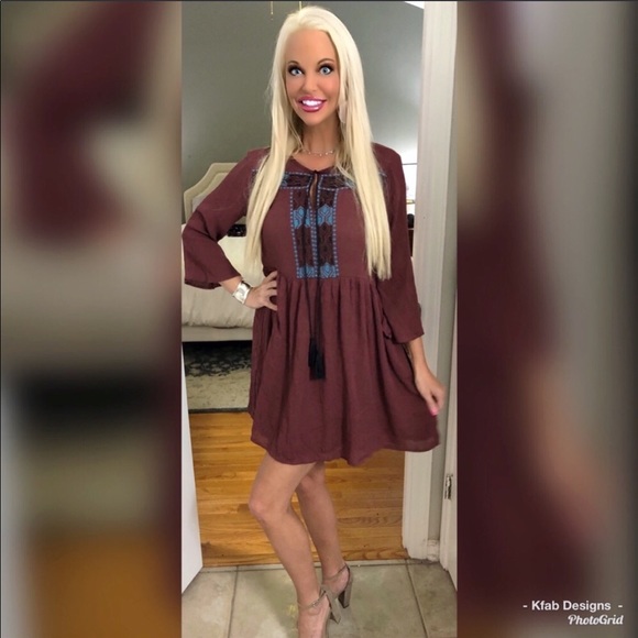 ❤️LAST! Boho Wine Embroidery Detail Tunic Dress! - Picture 3 of 4